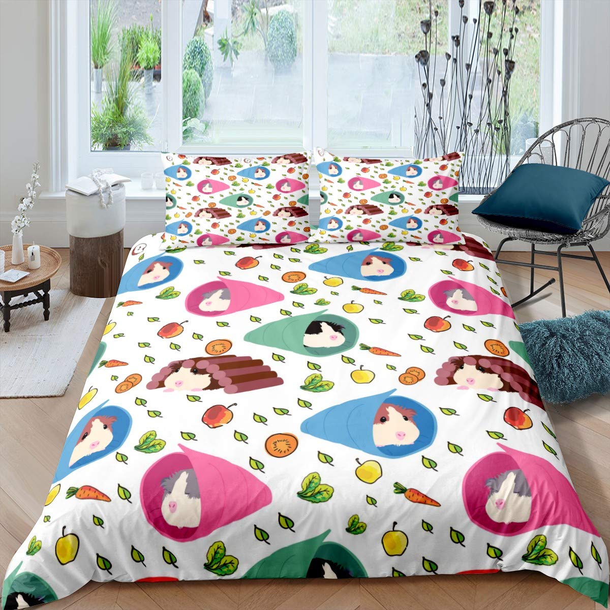 Guinea Pig Bedding Set Cartoon Guinea Pig Printed Duvet Cover Set for Kids Boys Girls Cute Animal Comforter Cover Leaves Vegetable Quilt Cover Bedroom Collection 3Pcs King Size โ image 1