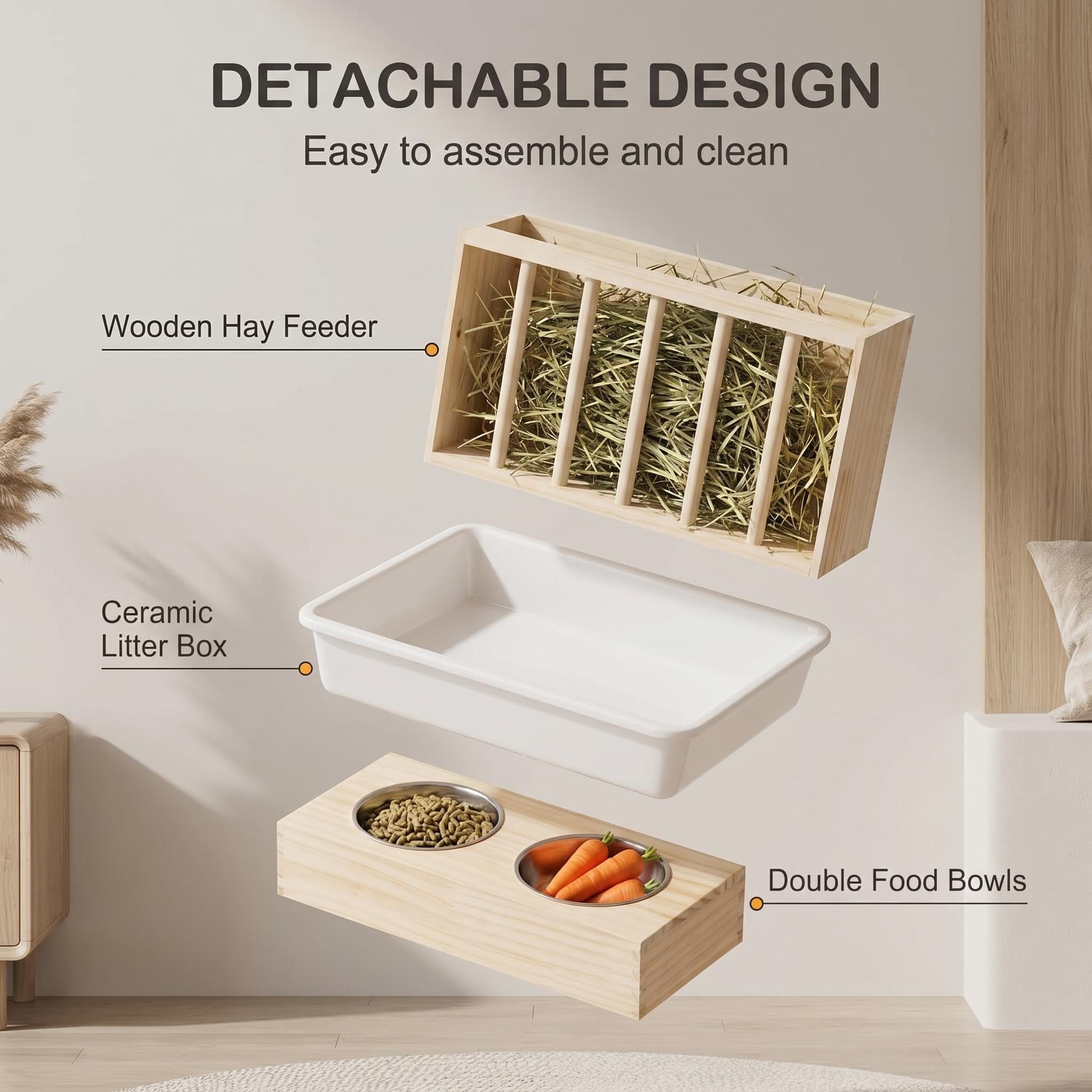 Caja de Arena para Conejos 3 en 1 de Madera con comedero de heno y Dos Cuencos de Acero Inoxidable, estación de alimentación Desmontable para cobayas, Conejos Enanos, hámsters, Chinchillas, Accesorio