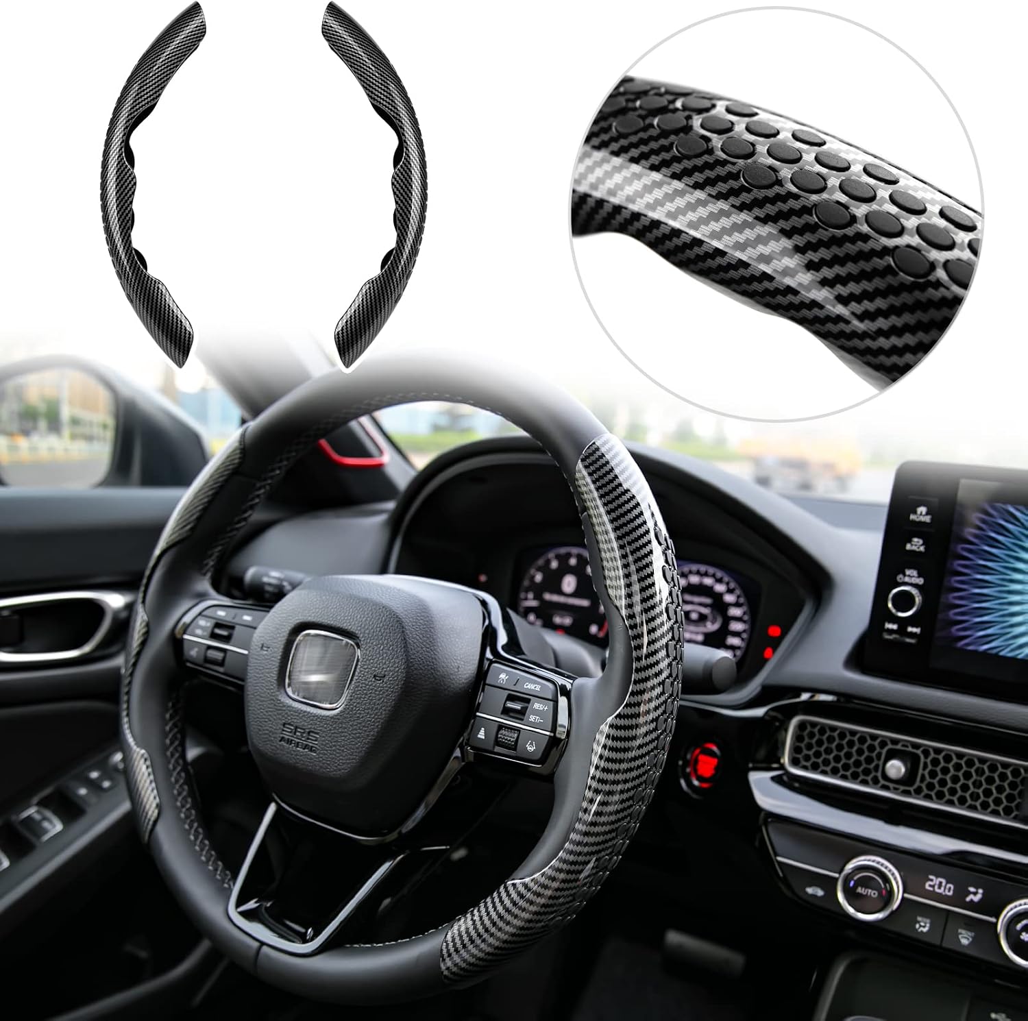 CKE Sporty Anti-Slip Auto Dashboard Steering Wheel Cover Trims Car Interior Accessories - Black Carbon Fiber Style(with Black Pads)