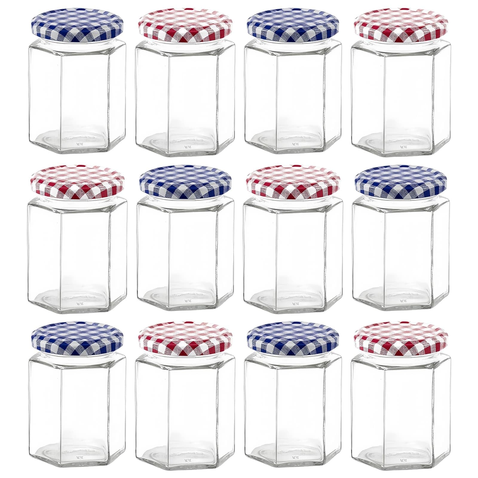 Eidoct Glass Jam Jars Set of 12, 280ml / 9oz Hexagonal Storage Glass Jars with Screw Top Red and Blue Gingham Lids, Clear Airtight Preserving Glass Jars for Marmalade, Chutney, Jam, Pickle