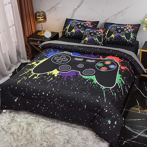 6Pcs Gamer Comforter Set with Sheets for Boys Girls Kids Teens, Colorful Graffiti Gaming Themed Bed in A Bag Queen Size, Black 3D Video Game Controller Bedroom Decor Bedding Set
