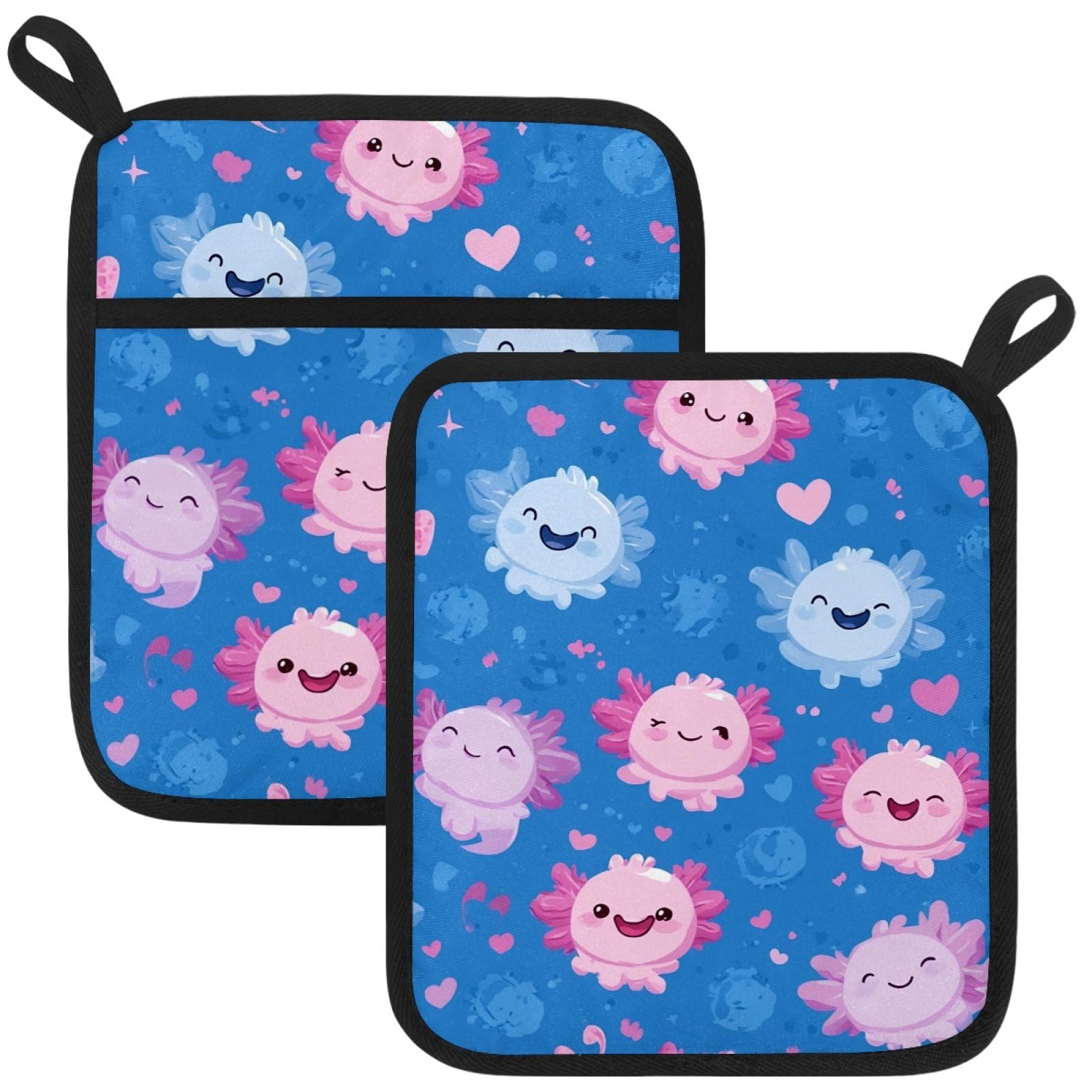VAPOKF Colorful Axolotls Pot Holders with Pocket for Kitchen Heat Resistant Potholders Large Polyester-Cotton Square Oven Mitts Set