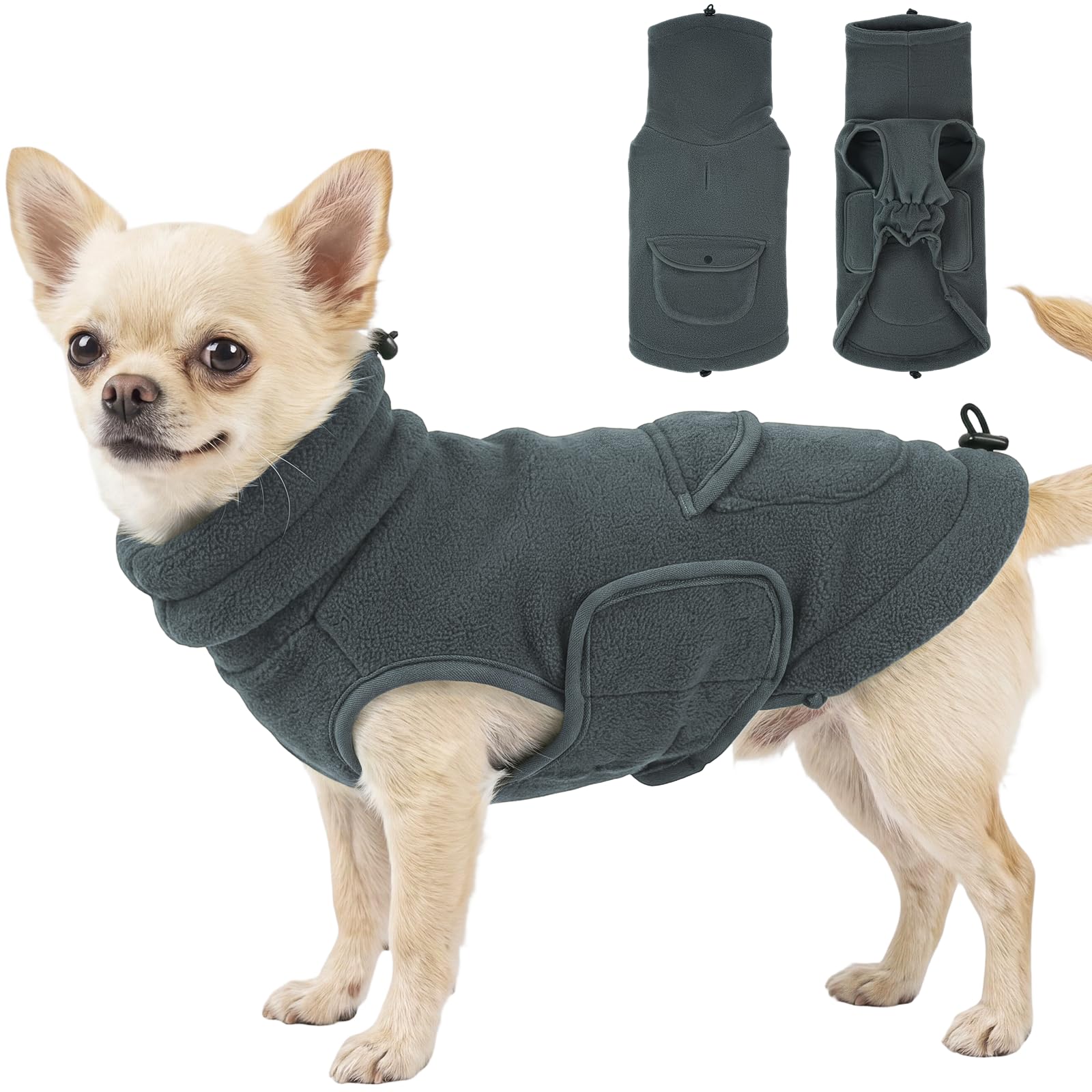 Kuoser Dog Coat Fleece, Warm Jacket High Collar for Puppy Winter, Grey XS