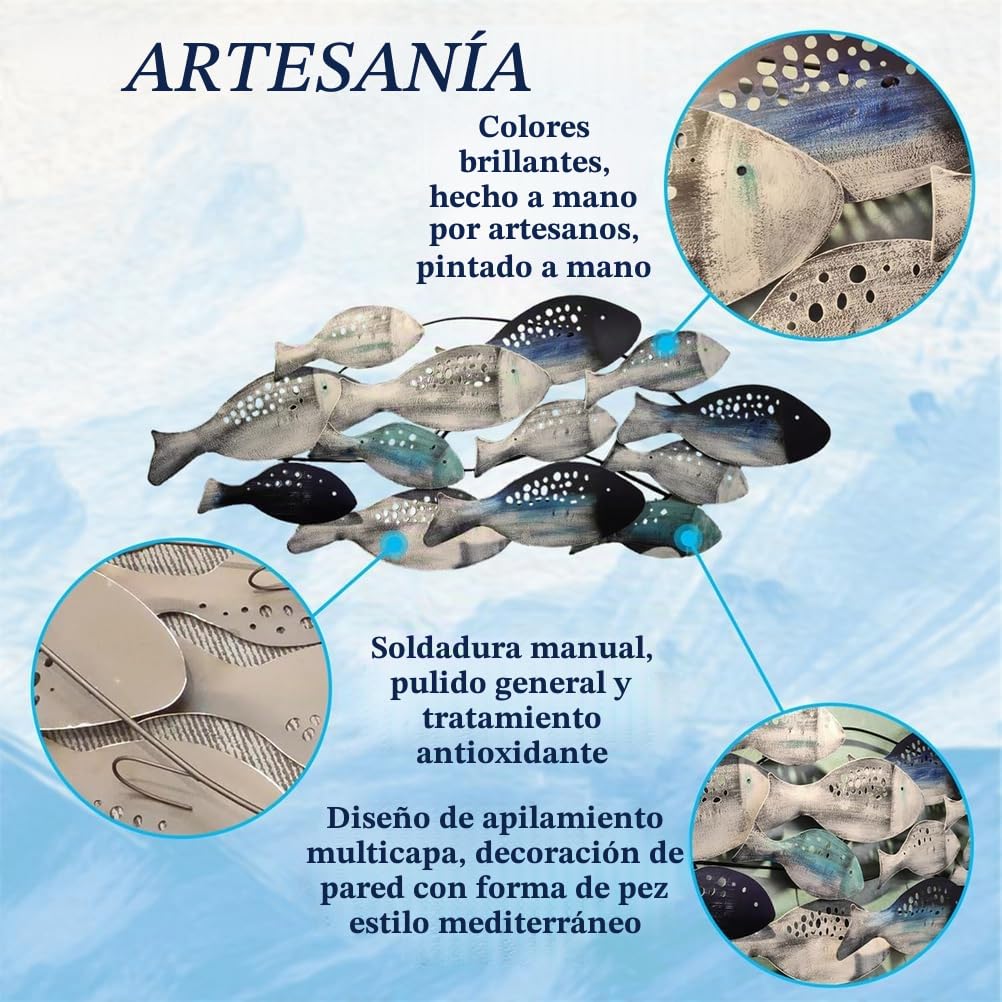 Decoración de Pared de pez de Metal con diseño costero oceánico, Escultura de pez 3D Grande de 127 x 50 cm, Arte Mural de Banco de Peces Pintado a Mano, decoración Colgante para Sala de Estar