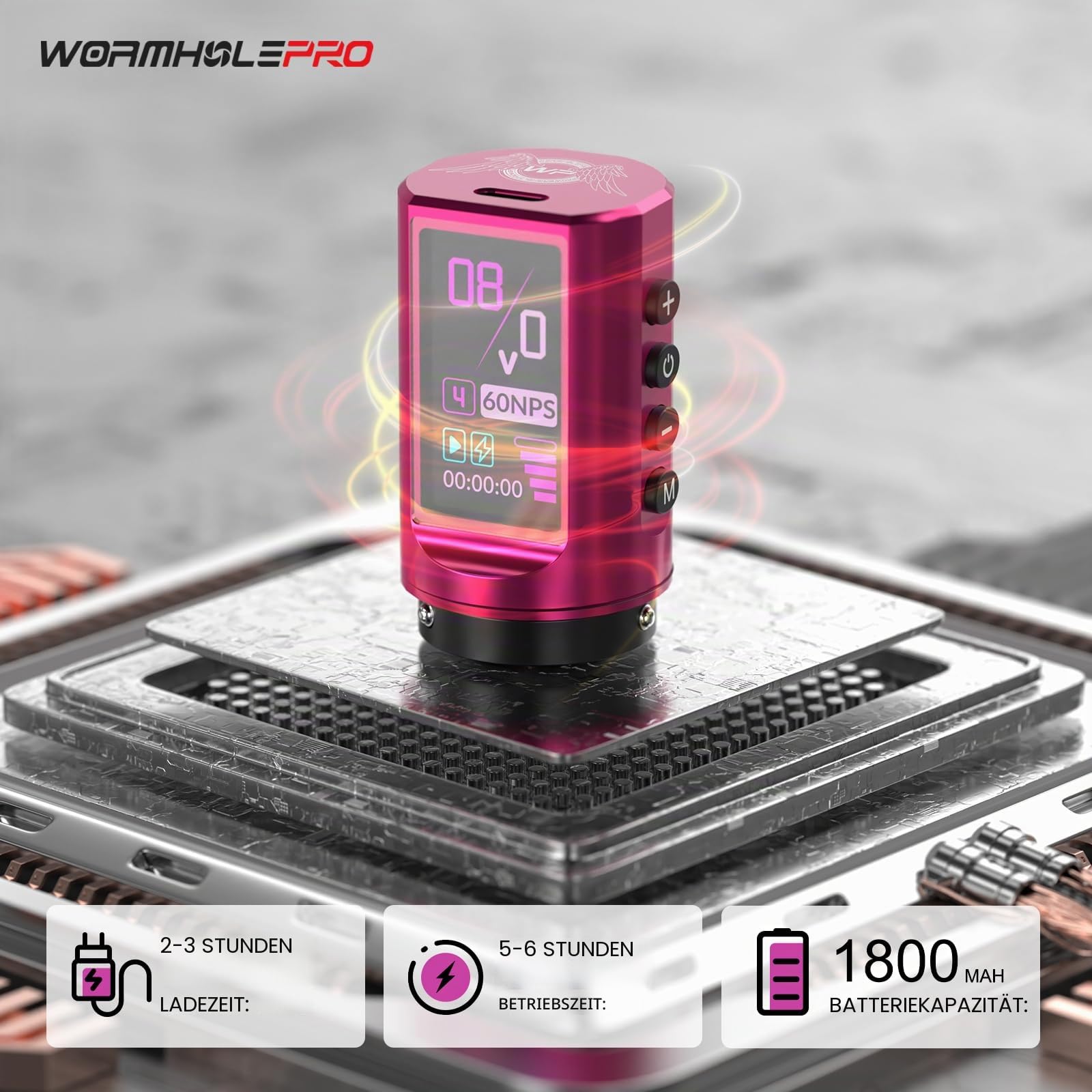 WORMHOLE PRO 80PCS Tattoo Gun Kit mit 7 einstellbaren Strichen, 1800mAh Kapazität Ersatz Netzteil, Digital LED Display, 20Pcs Tattoo Nadeln für Tattoo-Künstler - Rosa