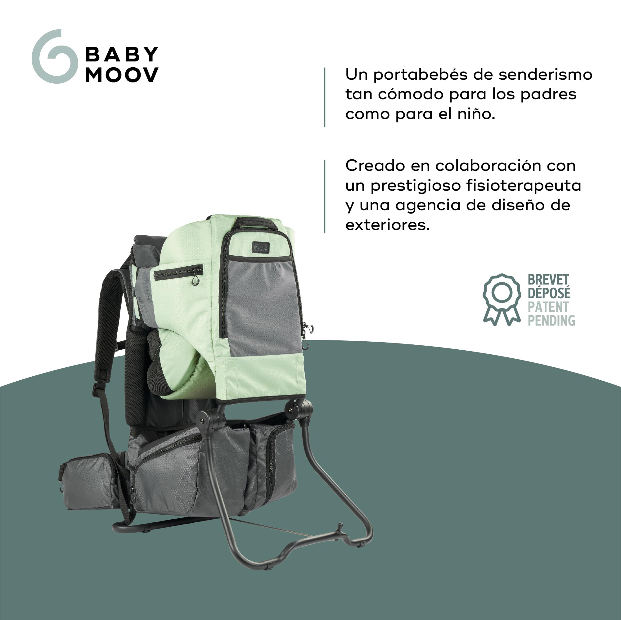 Babymoov Mochila portabebés para senderismo Moov & Hike: ergonómica con asiento ajustable y reposacabezas acolchado, con capota, bolsa de almacenaje 10l (Verde)