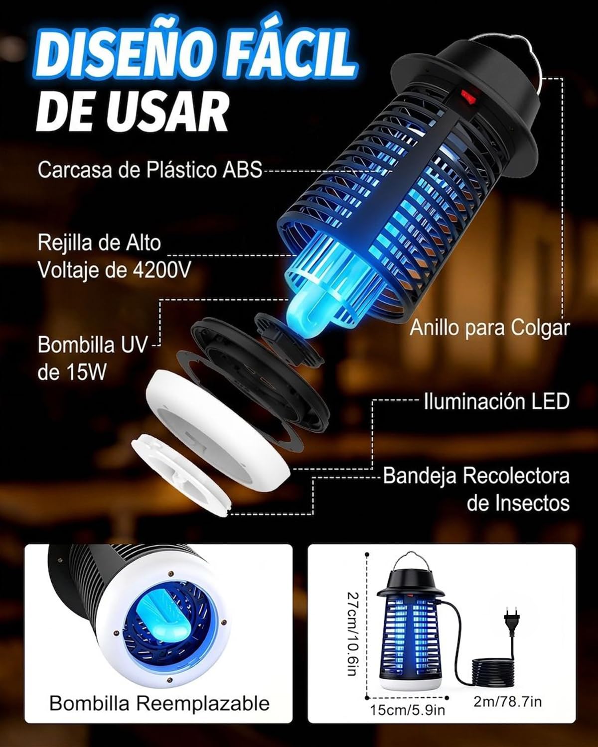 Mata Mosquitos Eléctrico, Lámpara Antimosquitos para Interior y Exterior, Mosquitos Eléctrico con Luz UV, Bandeja Extraíble, IPX4, para Dormitorio, Salón, Terraza y Camping