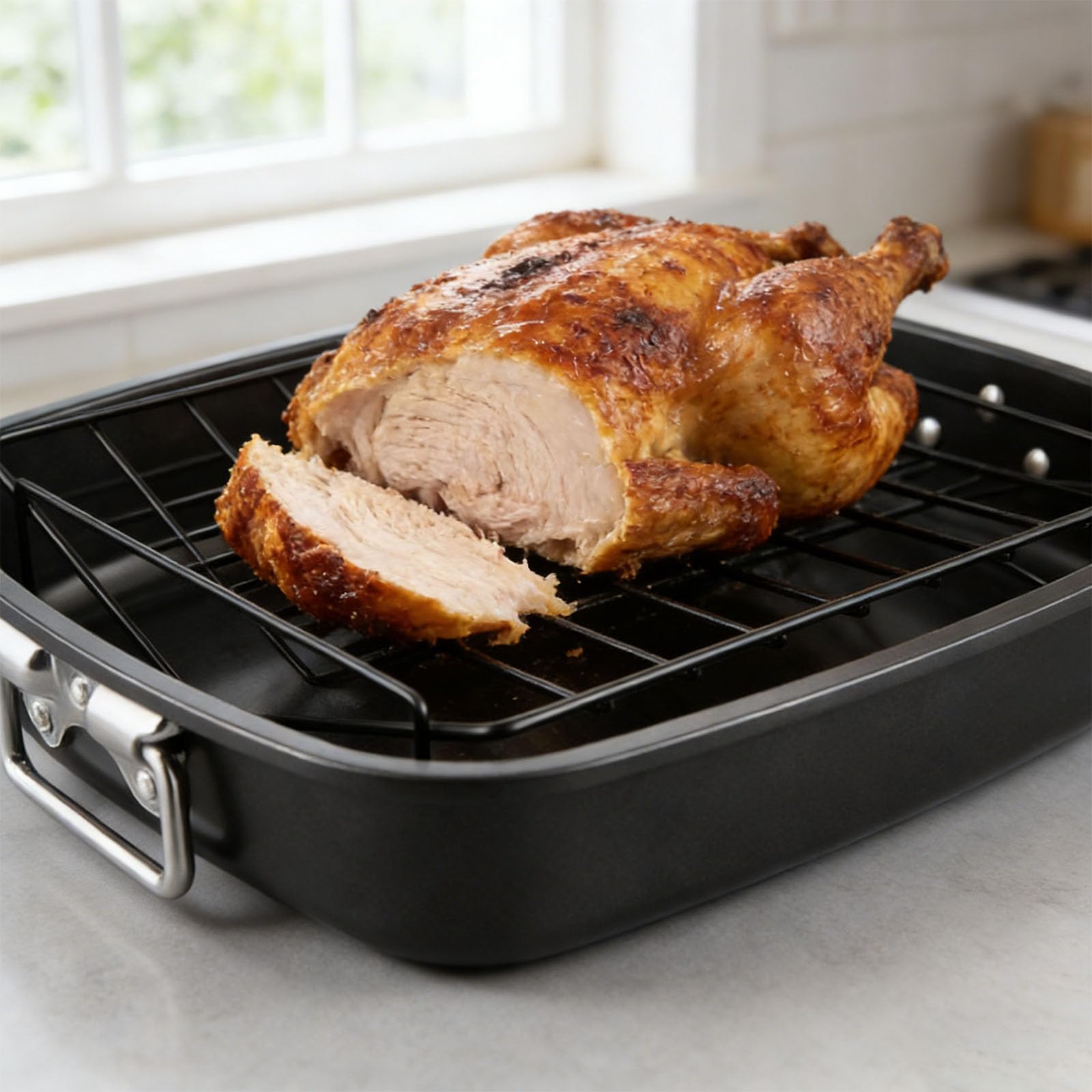 Sartén para asar pavo de 17 pulgadas incluye estante en forma de V de acero al carbono, bandeja para hornear para Acción de Gracias, Navidad, apto para horno