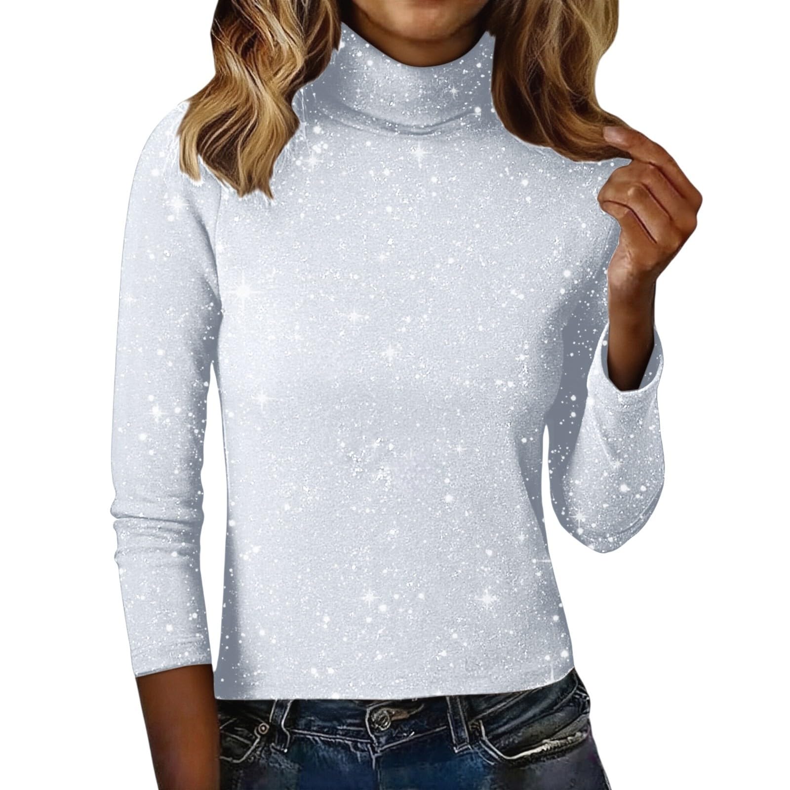 Sequin Tops for Women Dressy Turtleneck Sparkly Long Sleeve Pullover Tops Soft Knitted Sweater for Party Night