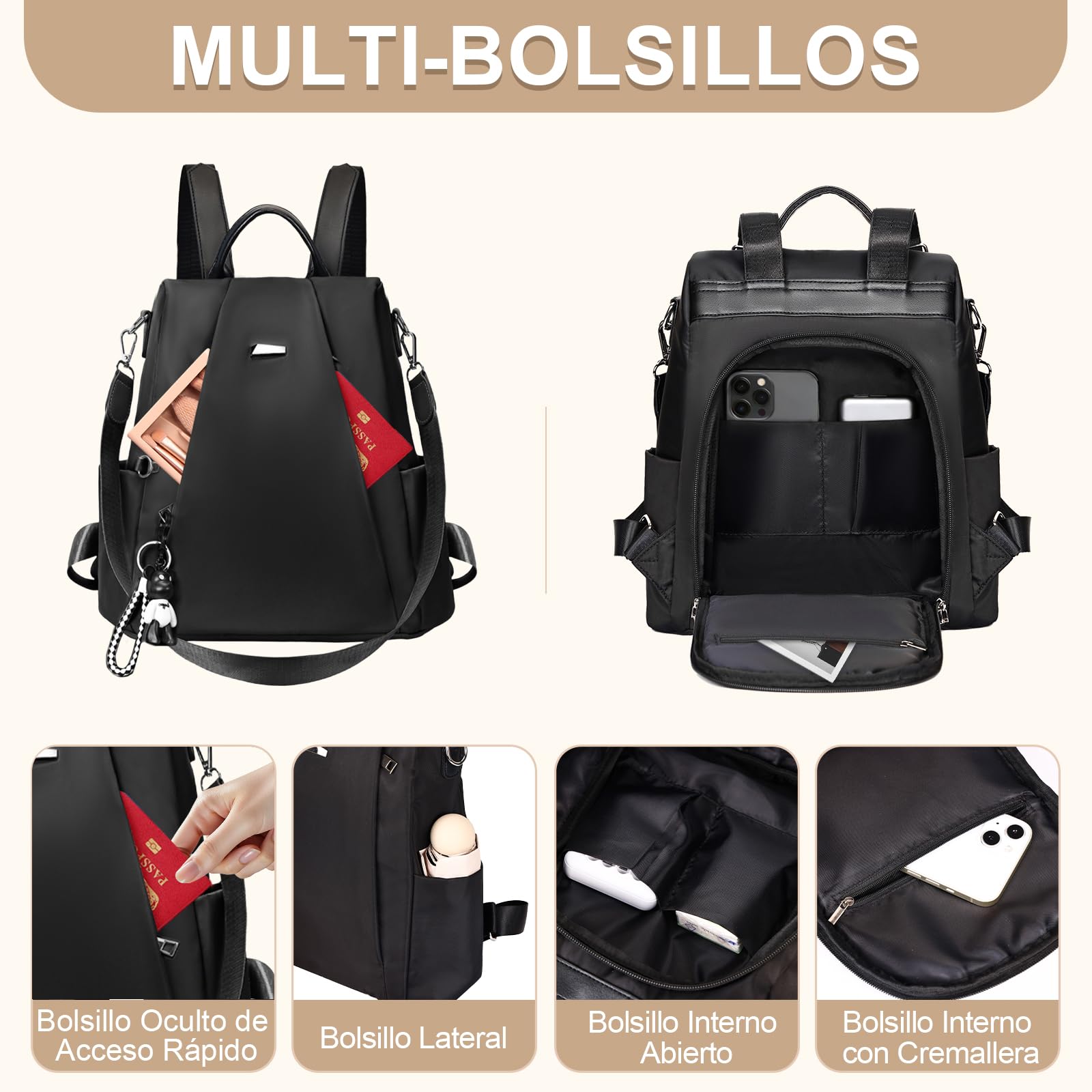 Eshow Mochila Antirrobo para Mujeres y Chicas, se Puede como Bolso de Hombro o Bolsa Bandolera, Adecuado para Viaje Escuela Compras y Trabajo Negro