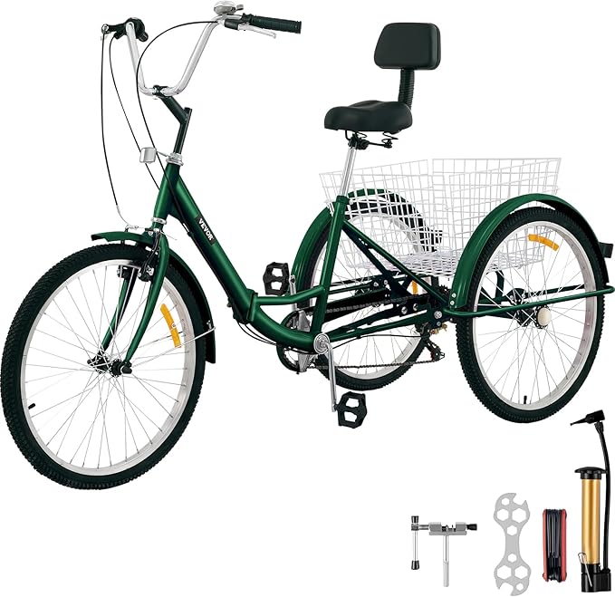 VEVOR Green Tricycle Adult 26’’ 7Speed 3 Wheel Bikes for Adults Three