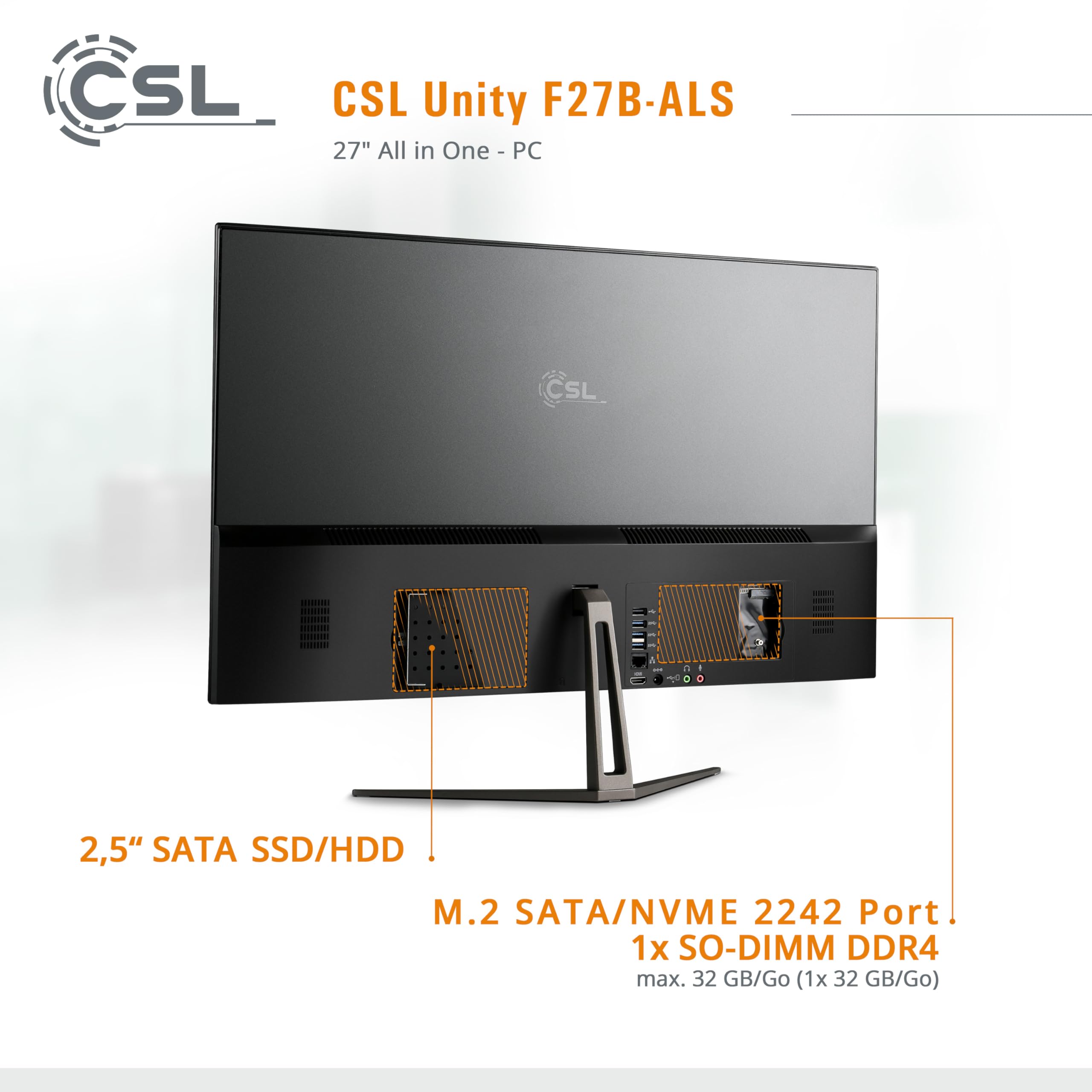 PC Tout-en-Un CSL Unity F27B-ALS, 68,58 cm (27 Pouces, 1920x1080 Full HD) - AIO Puissant (Intel N200 CPU 4x3700 MHz, 2000 Go SSD, 32 Go DDR4-RAM, Win 11 Pro), Noir
