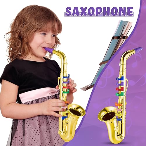 Miniatura 5 de Amylove Juego de 2 instrumentos musicales, incluyendo clarinete de juguete y saxofón de juguete, saxofón de plástico, clarinete de juguete con 8