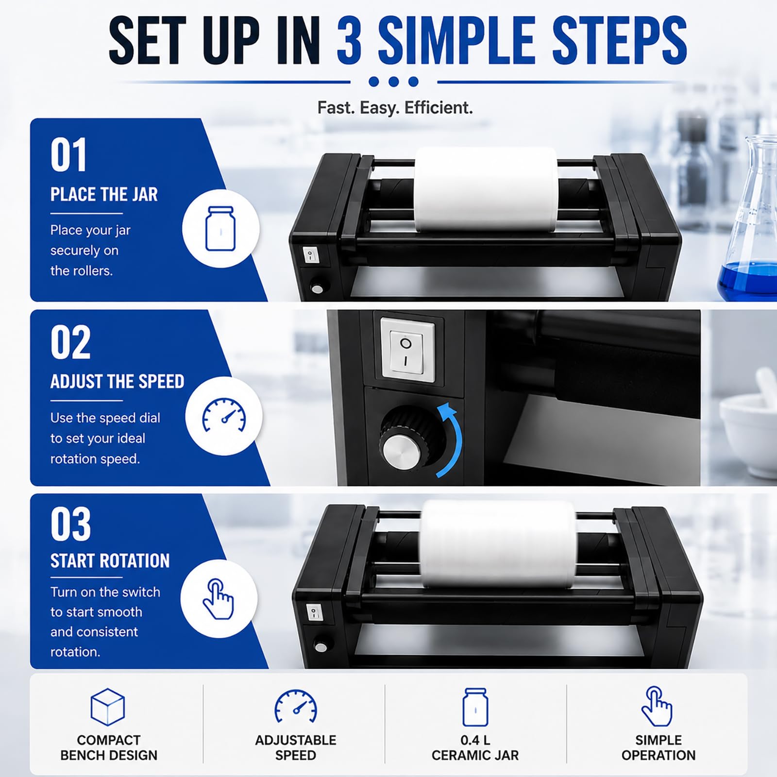 Labor-Desktop-Kugelmühle, Mahlkapazität 30–150 Ml | Horizontale Kugelmühlen-Poliermaschine mit0,4-l-Keramikbehälter,Timer und einstellbarem Geschwindigkeitsmischer zum Schleifen