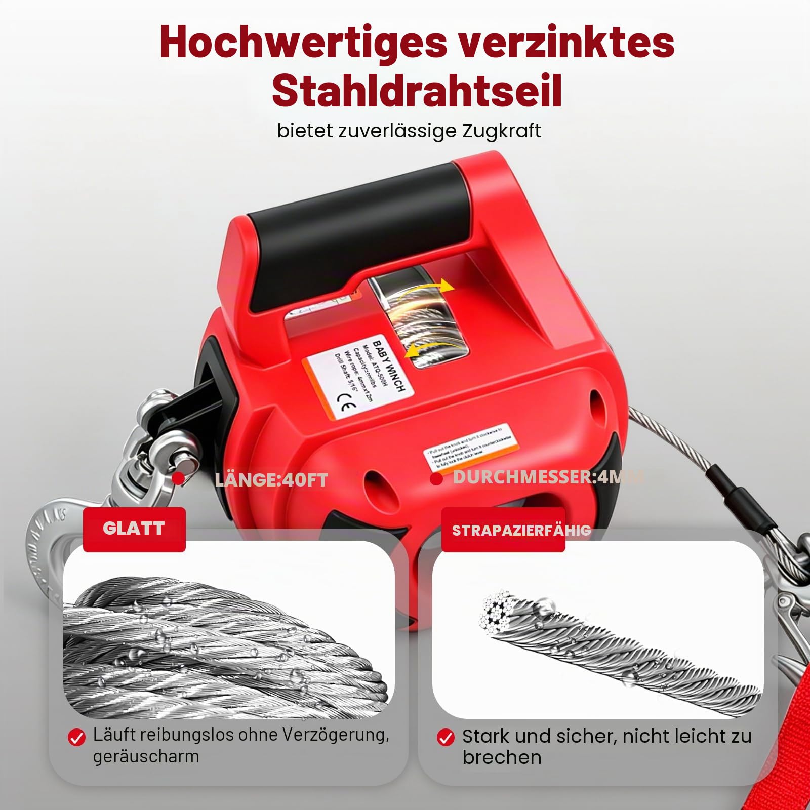 Bohrbetriebene tragbare Seilwinde, 453,6 kg, Bohrwinde mit 12 m langem Stahldrahtseil, tragbare Bohrwinde, tragbare Handbohrwinde zum Schleppen, Handling von Anhängern