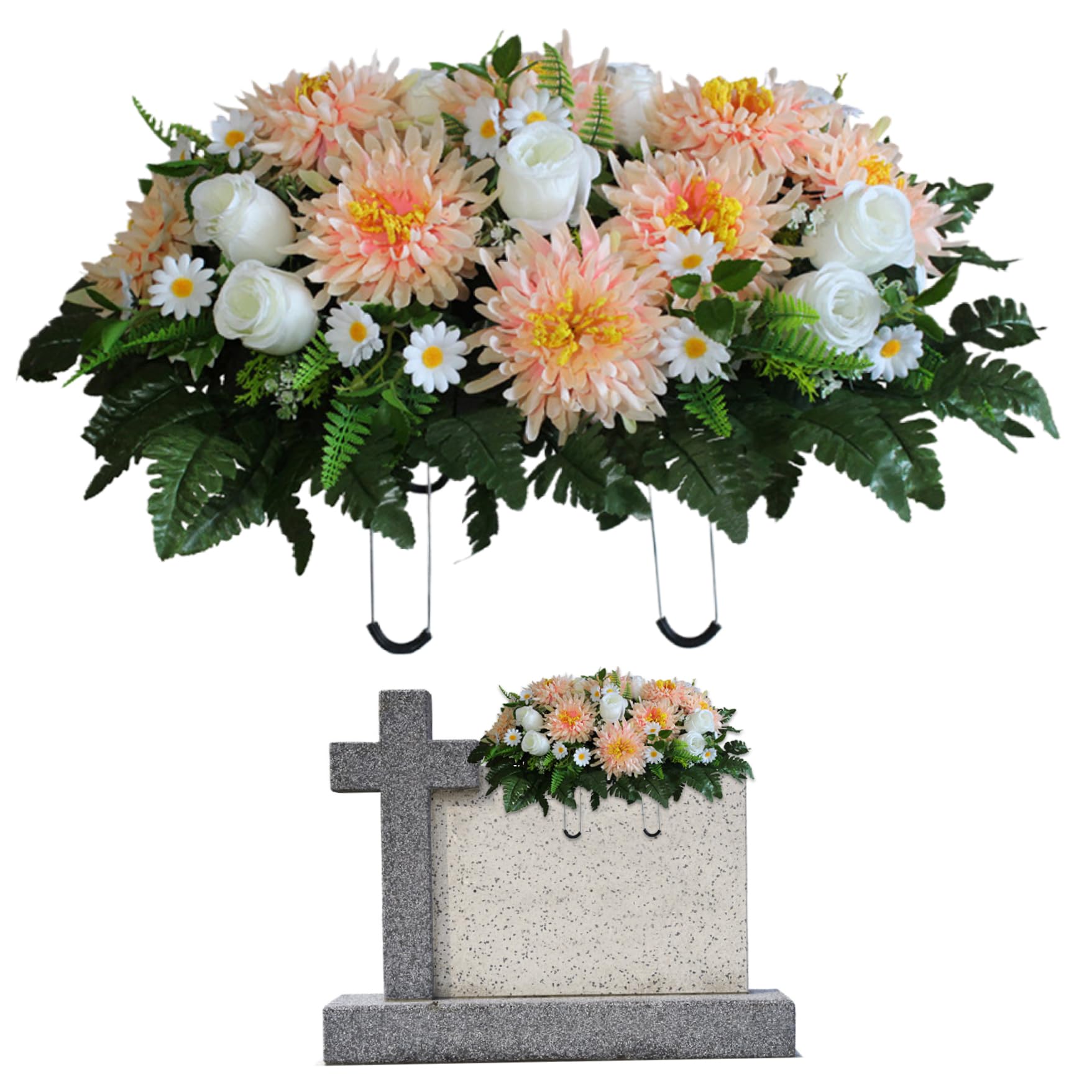 Wedhapy Grave Flowers for Cemetery Artificial Grave Flowers Realistic Cemetery with Saddle Silk Chrysanthemum 25.2x18.5in Memorial, Champagne
