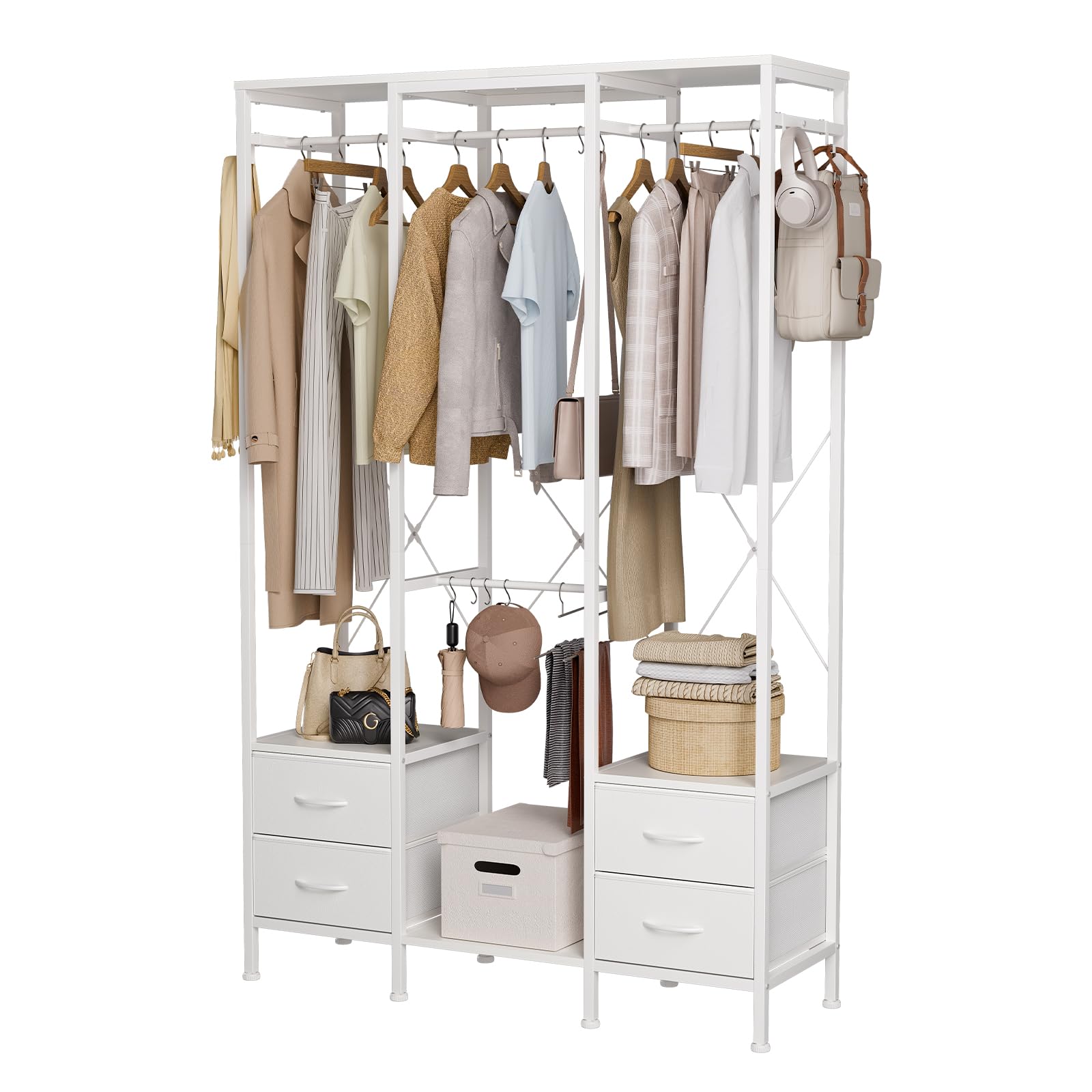 Stand Appendiabiti, Cabina Armadio con 3 Barre e 4 cassetti, Appendiabiti con 4 Ganci Rimovibili, Armadio Aperto Moderno, per Camera da Letto o Ingresso, Bianco