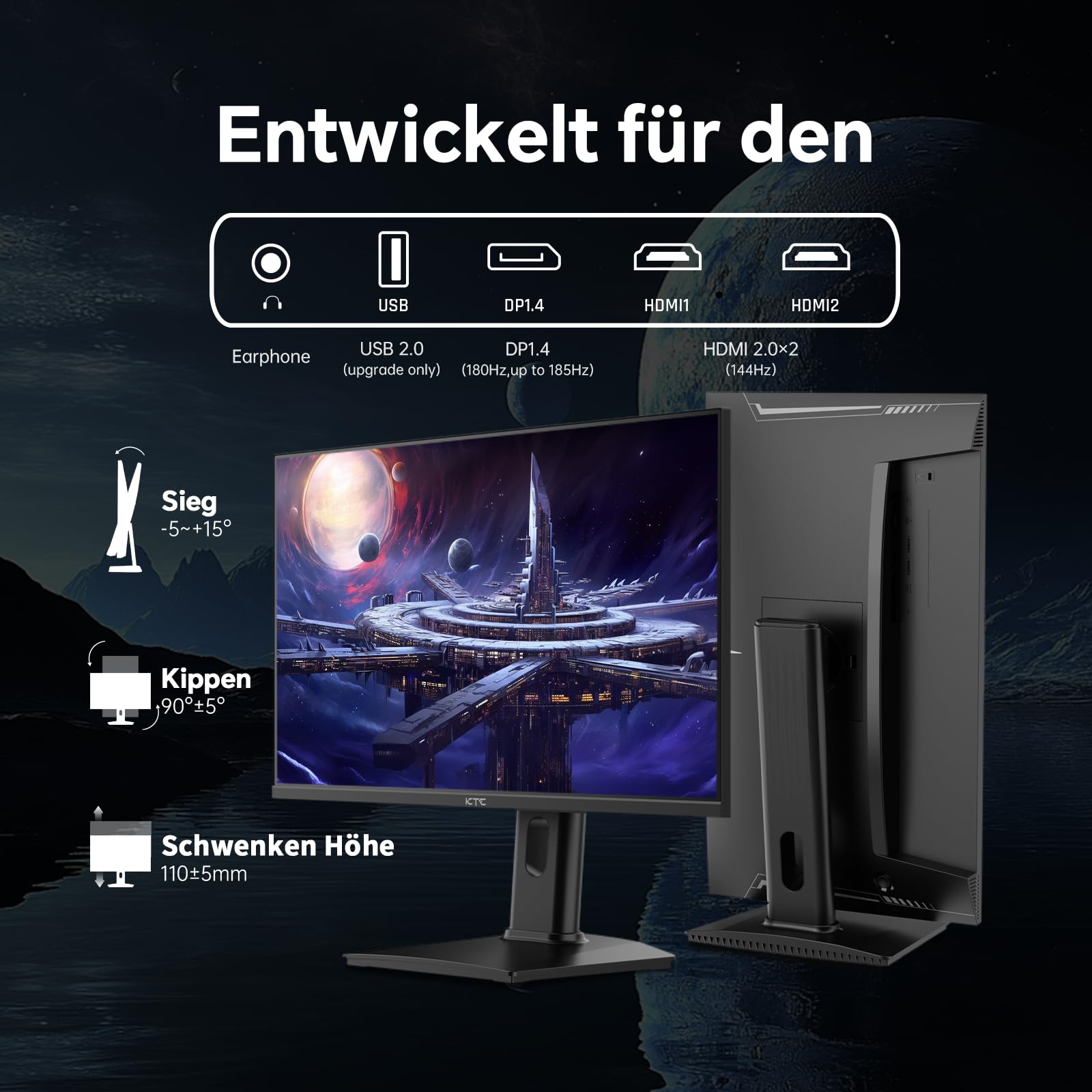 KTC Gaming Monitor 24 Zoll QHD 2K 180Hz Fast IPS 1ms HDR 400 Adaptive Sync 400 cd/m² VESA 100x100 mm