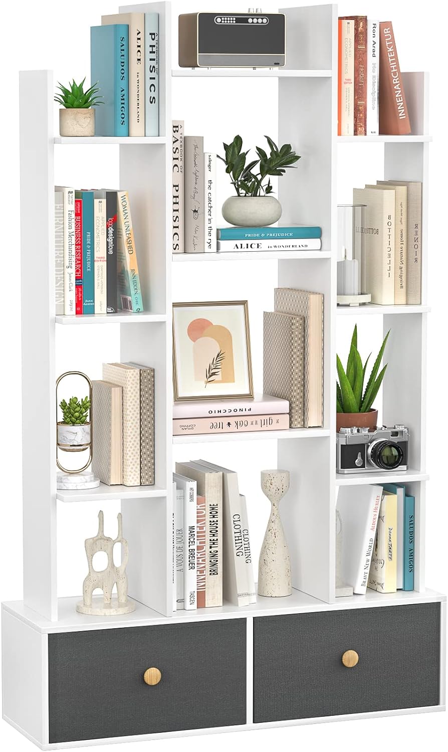 Unikito Bookshelf with 2 Drawers Free Standing Bookcase, Office Storage Shelf Organizer with 12 Open Bookshelves, Industrial Wood Book Case Display Rack for Bedroom, Living Room, Home Office, White White 2 Drawers