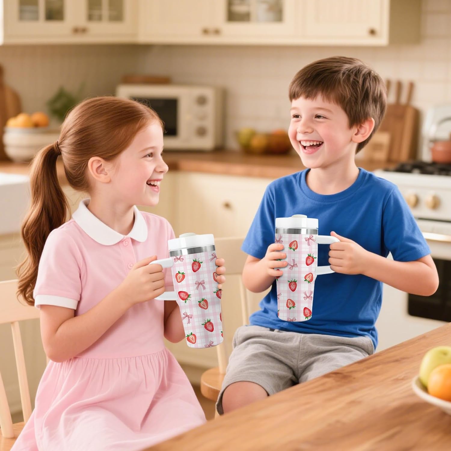 Strawberry Gifts for Girls - 14oz Pink Kids Strawberry Tumbler with Handle and Straw, Stainless Steel Insulated Water Cup, for School, Travel - Strawberries Themed Children Birthday Gift Cup(1pc) - Image 2