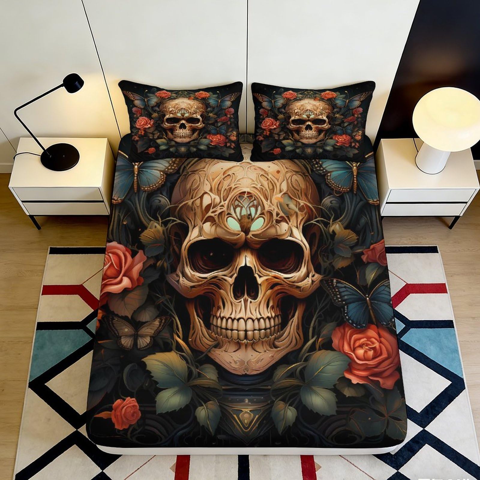 3D Printed Skull and Roses Fitted Sheet Microfiber Soft Durable Butterfly Bed Cover for Bedroom Dormitory Guest Room Mattress Protection 180x200x25cm