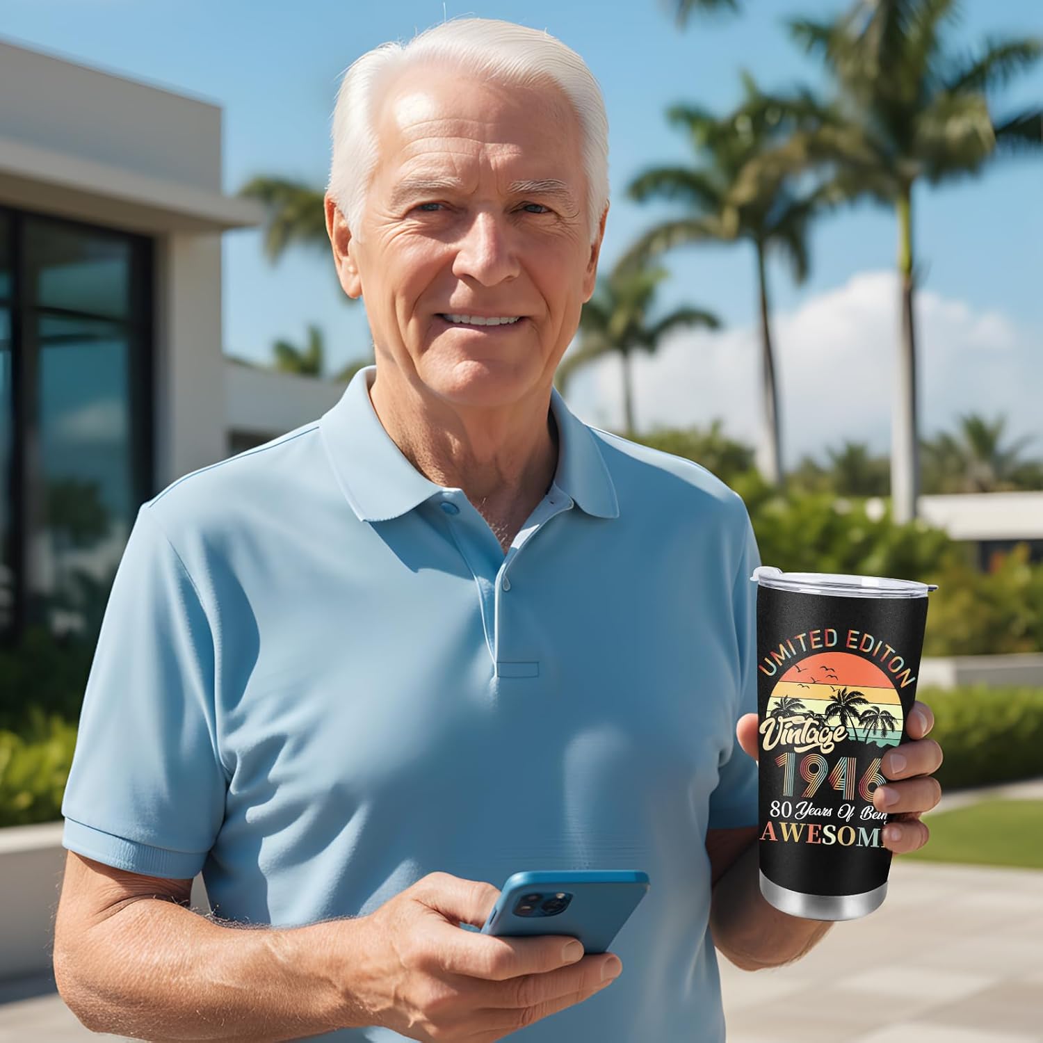 AFRITEE 80th Birthday Gift for Him, Vintage Tumbler Creative 80th Birthday Gifts for Men, 1946 Birthday Gift Funny 20 oz Coffee Cups with Brush Straw and Straw for Dad Grandfather and Friends - Image 3