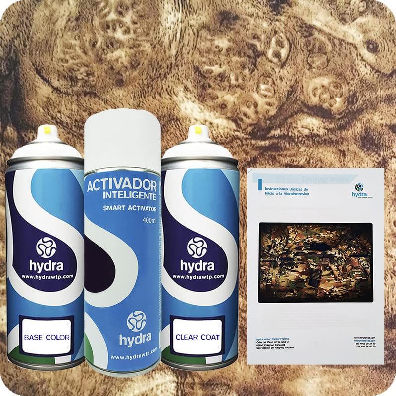 STARTER Kit Hidroimpresion: 1 Activador 400 ml + 1 barniz y color de fondo adecuados de 400 ml + 1 Manual + 1 Lámina hidroimpresión madera de raíz. Ancho: 100cm. Largo: 100cm (HMR-152)