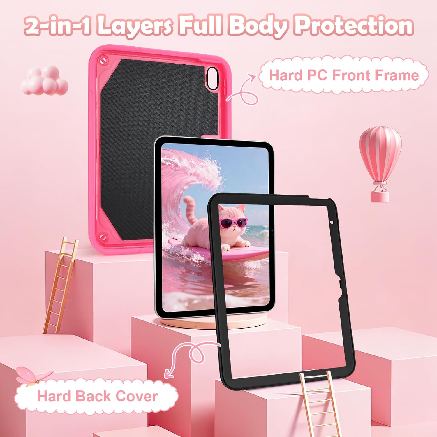 for iPad A16 Case 2025 iPad 11th 10th Generation Case 2022 for Kids Girls with Pencil Holder Shoulder Strap Rose Pink Heavy Duty Protective iPad 11 inch 10.9 inch Cover with Bowknot Stand