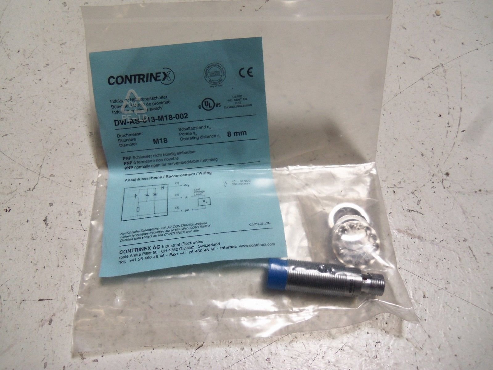 CONTRINEX DW-AS-613-M18-002 3-Wire DC, 18 MM Threaded Barrel, UNSHIELDED, INDUCTIVE Sensor, PNP, N.O.