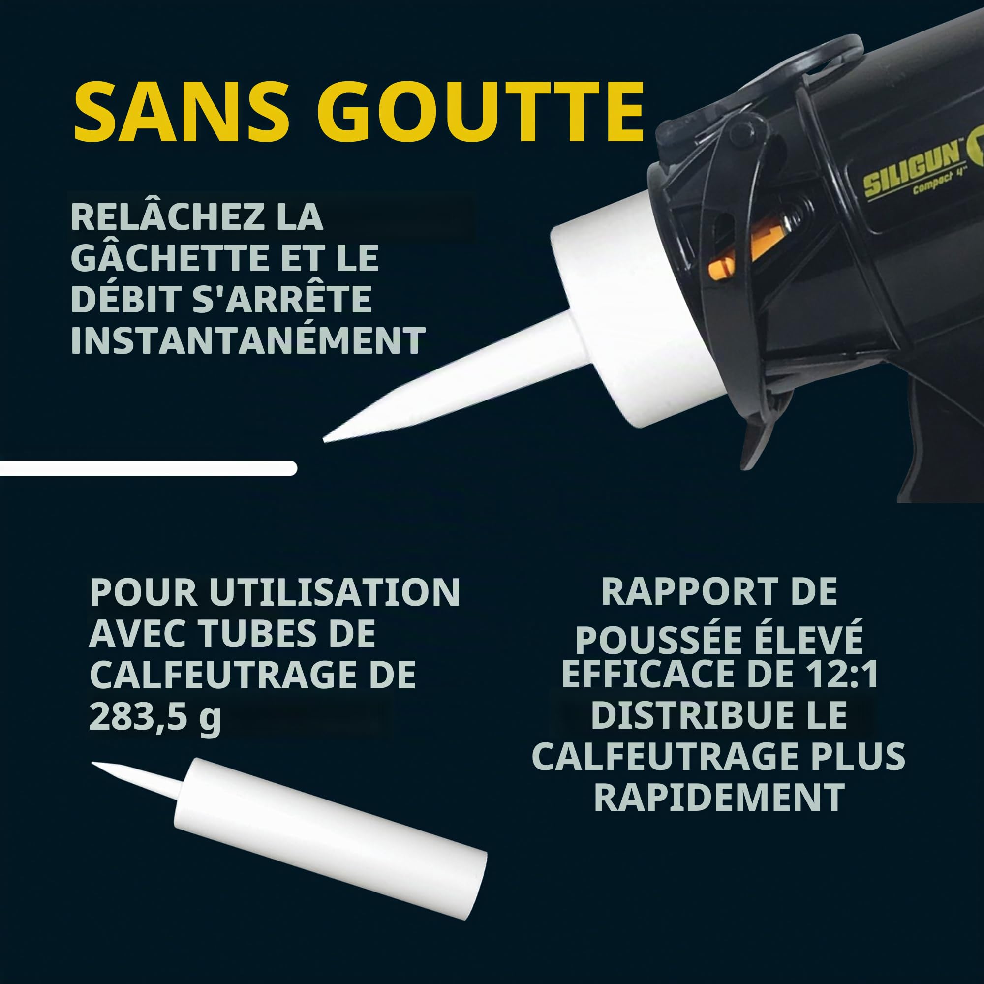 SILIGUN Pistolet à calfeutrer compact avec buse à calfeutrer - Pistolet à calfeutrer de 283,5 g sans tige - Pistolet à calfeutrer à rapport de poussée 12:1 pour silicone, latex, mastic - Pistolet à