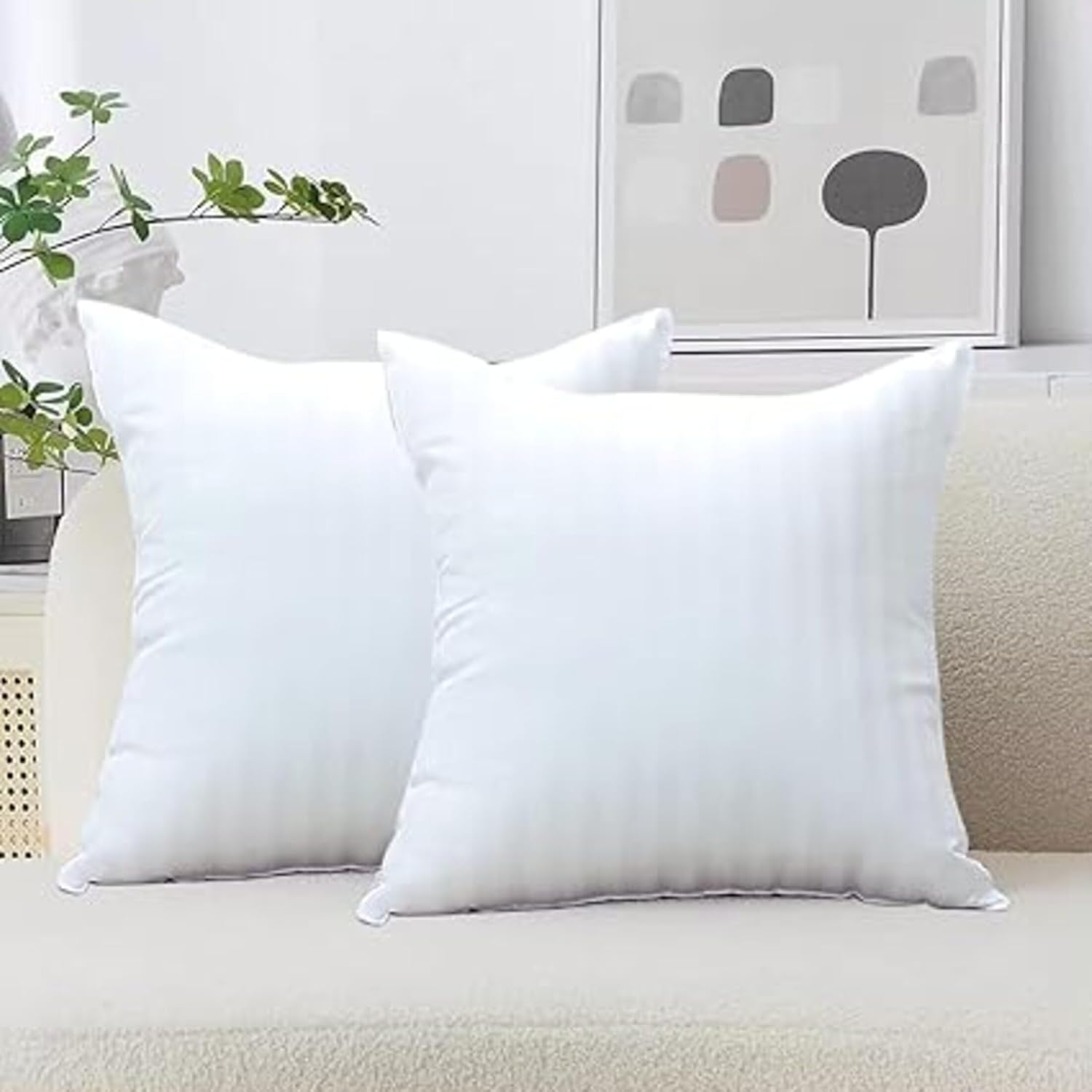 Bed & Sofa Cushion| Indorama Micro Fiber|Vacuum| Soft and Fluffy | Set of 2| White with self Strips (24 x 24 Inches) Luxurious Hotel Quality