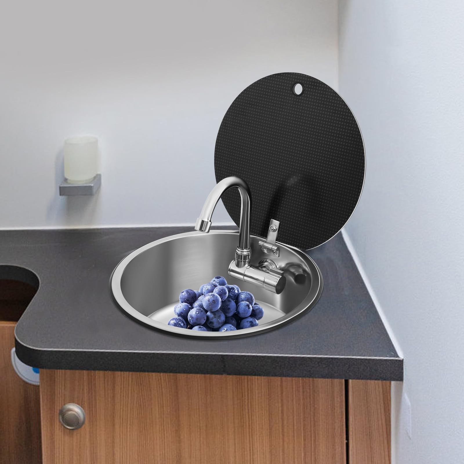 RV - Lavello singolo, 34 × 15 cm, in acciaio inox 304, con rubinetto pieghevole e copertura in vetro, per camper, roulotte