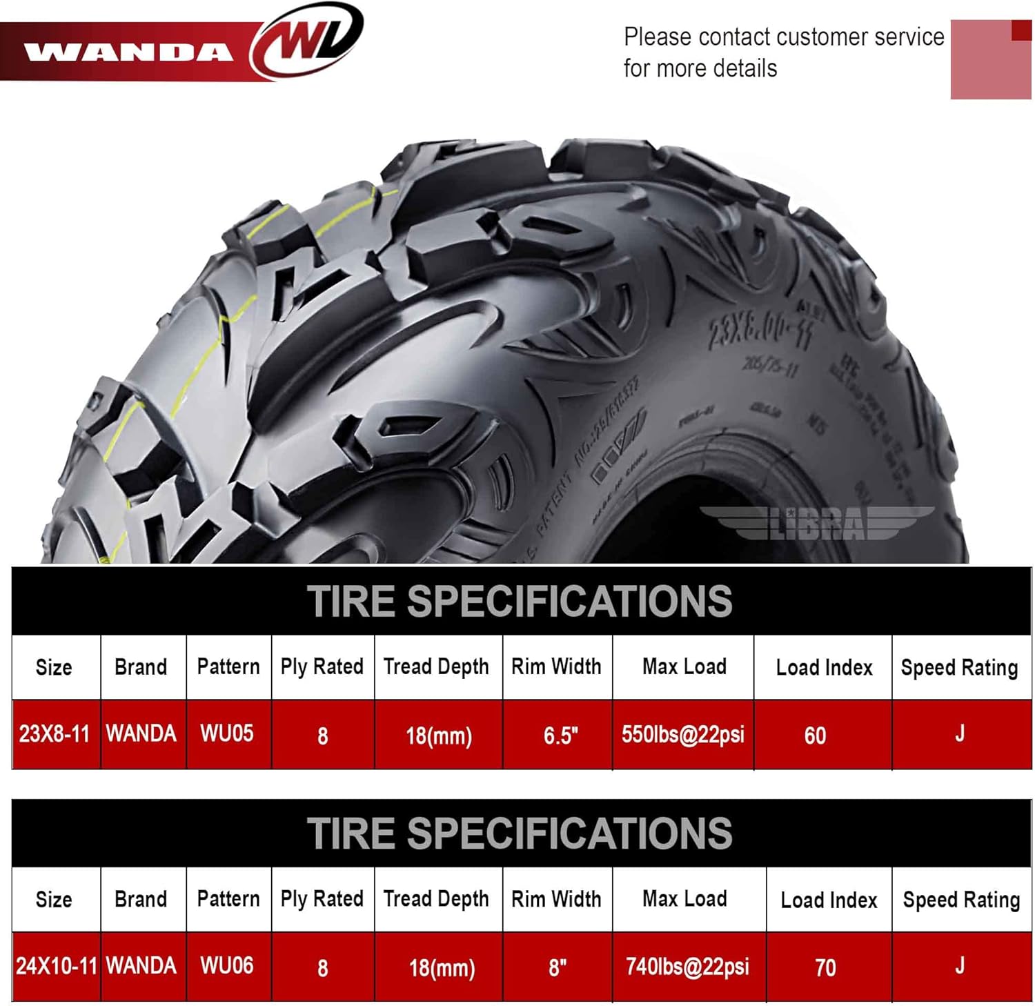 WANDA Mud Sling 8 Ply ATV Tires 23x8-11 Front & 24x10-11 Fit 89-04 Kawasaki BAYOU 300