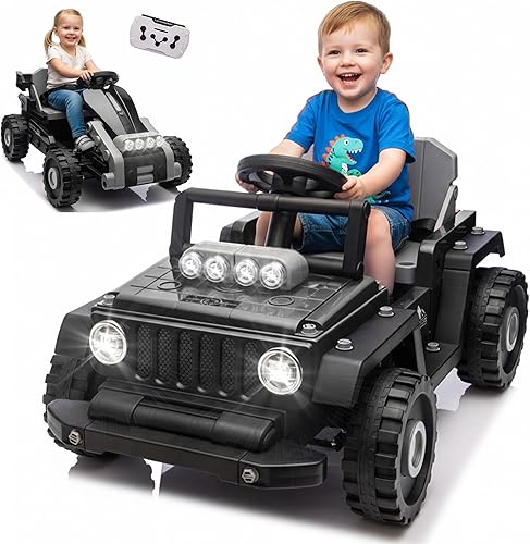 Ride on Toy for Kids, 2-in-1 Truck/Go Kart Freely Switched, 12V Battery Powered Cars for Kids w/Remote Control, Creative Building Block Assembly, Ride on Car w/4-Wheel Suspension, LED Lights (Black)