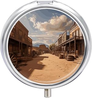 Old Wild West Cowboy Town Round Pill Box, Waterproof Medicine Organizer Box | Portable Pill Organizer for Travel, Work Pills Container, Medicine Case with 3 Compartments, Vitamin Organizer with Mirror