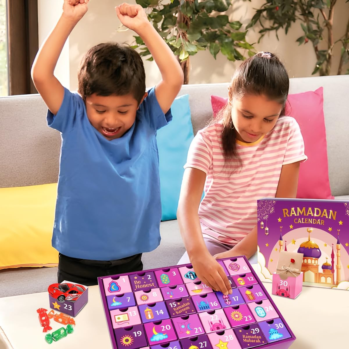 MOVINPE Ramdan Calendar with Drawers 2026 Ramadan Gifts for Kids, 30 Pre-Assembled Empty Boxes Eid Mubarak Coutdown Calendar Fillable Islamic Art Gift Box, Ramadan Party Supplies (Purple)