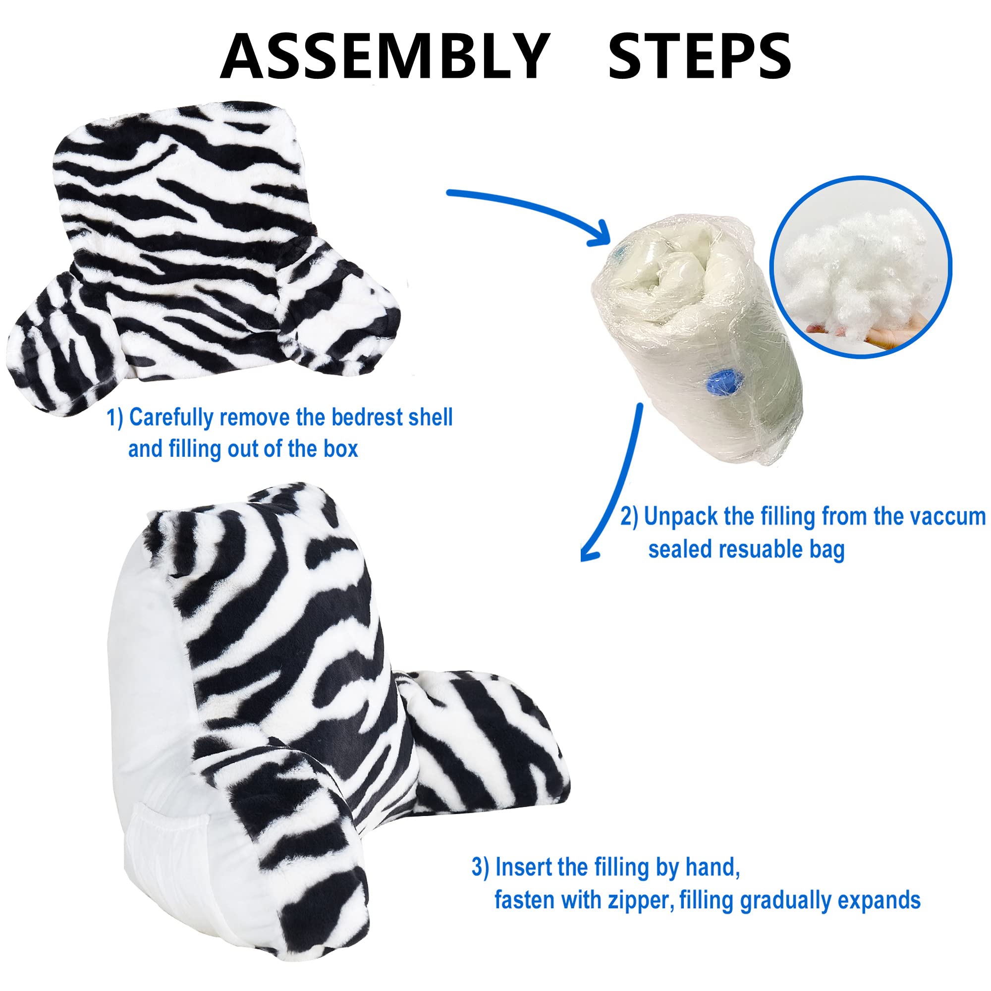 Home Soft Things Zebra Printed DO-IT-Yourself Bedrest Reading Pillow Cover and Filling, Need Assembly, Lounger Backrest Pillow for Sitting in Bed with Arms Pockets, 20