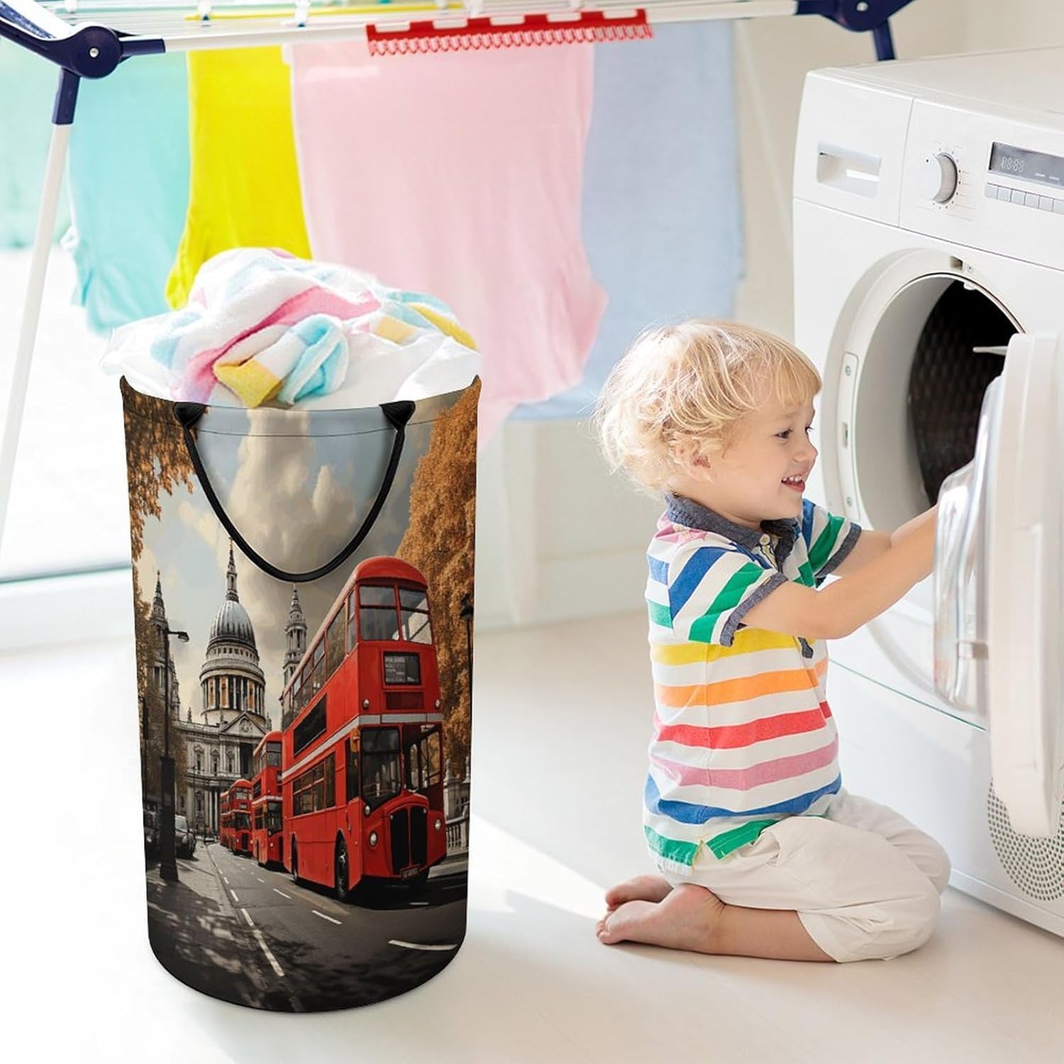 Red BusLaundry Hamper - Large Dirty Clothes Bag.Storage Basket for Easy Carry Handles. Large Clothes Basket with Handles, Clothing Storage Bucket Toy Organizer for Bathroom Bedroom Dorm.