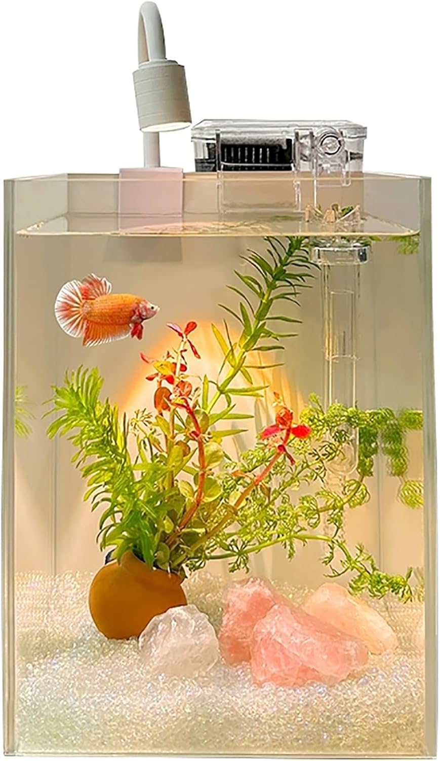 Crystal Glass Fish Tank with White Stone Aquascape – Small Desktop Betta & Goldfish Aquarium with Silent Filter, Modern Home & Office Decor(Small) - Image 1 of 7