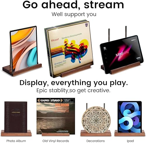 Miniatura 4 de simesove Soporte para discos de vinilo de mesa, soporte para discos de vinilo, diseño minimalista de nogal antideslizante (sección natural, 2)