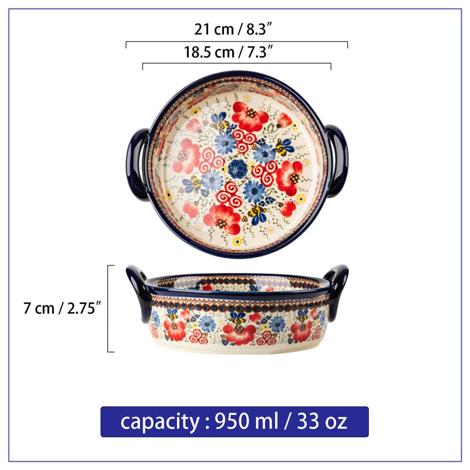 Ceramiczne naczynie do pieczenia do piekarnika, małe naczynie do zapiekania z uchwytami, piec ceramiczny do pieczenia - pszczoła i kwiat okrągły 950 ml