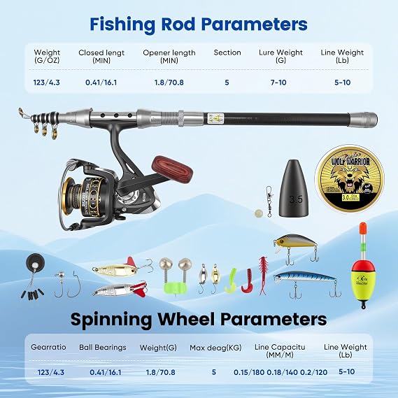 Professional 1.8m Telescopic Fishing Rod and Spinning Reel Combo Set with 100m Line, 53 Pcs Lures Kit & Accessories, Portable Carry Bag for Saltwater Freshwater Fishing