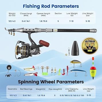 Professional 1.8m Telescopic Fishing Rod and Spinning Reel Combo Set with 100m Line, 53 Pcs Lures Kit & Accessories, Portable Carry Bag for Saltwater Freshwater Fishing
