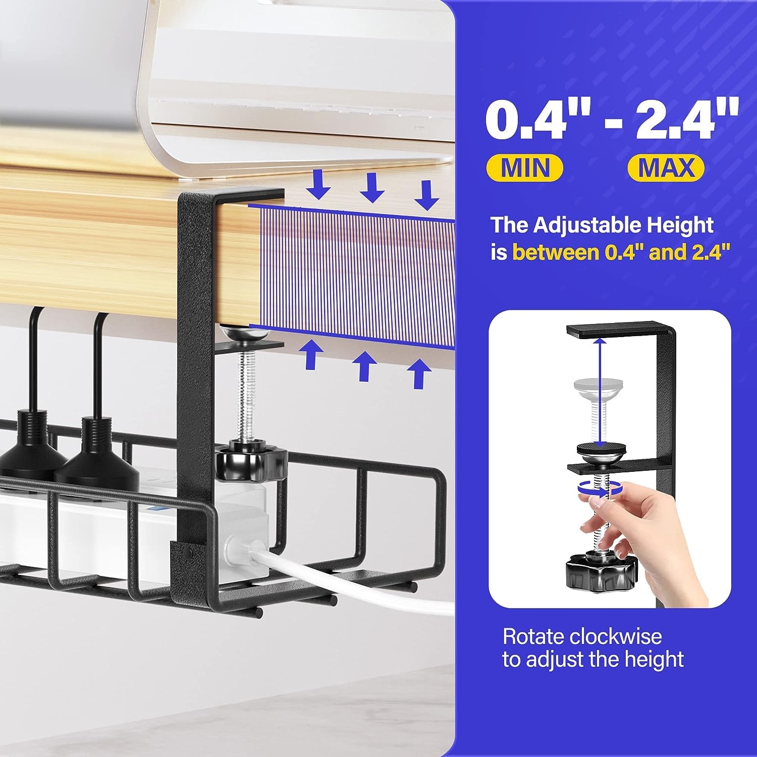 Bandeja de gestión de cables para debajo del escritorio, paquete de 2, sin tornillos, bandeja de cables con abrazadera para gestión de cables, estante de códigos de computadora para oficina