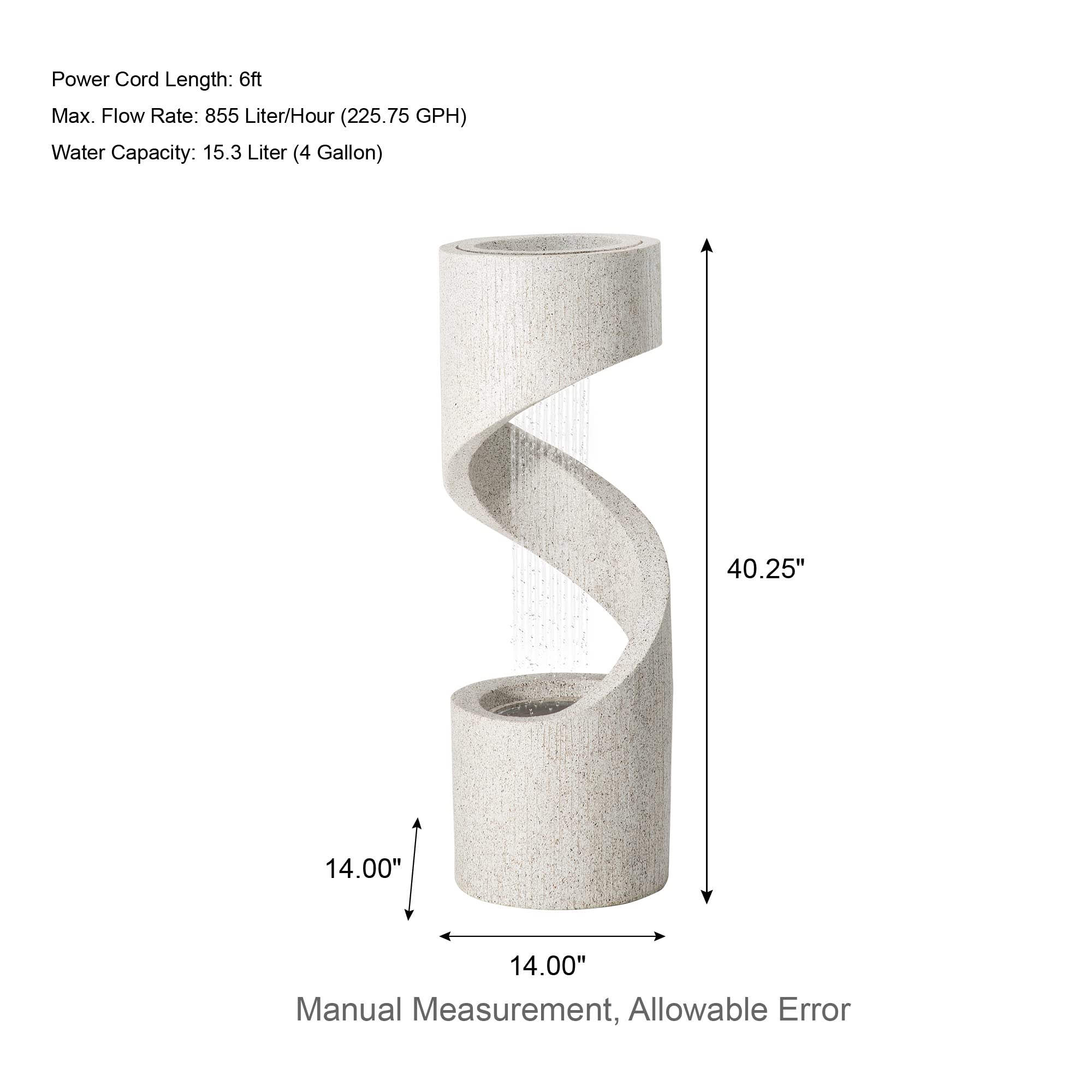 Glitzhome Decorative Tiered Outdoor Water Fountain with LED Light Vintage Curved Waterfall Fountain with Stone Planter Rustic Faux Terrazzo Spiral Shaped Fountains for Garden Patio Deck Porch, 40.25”H