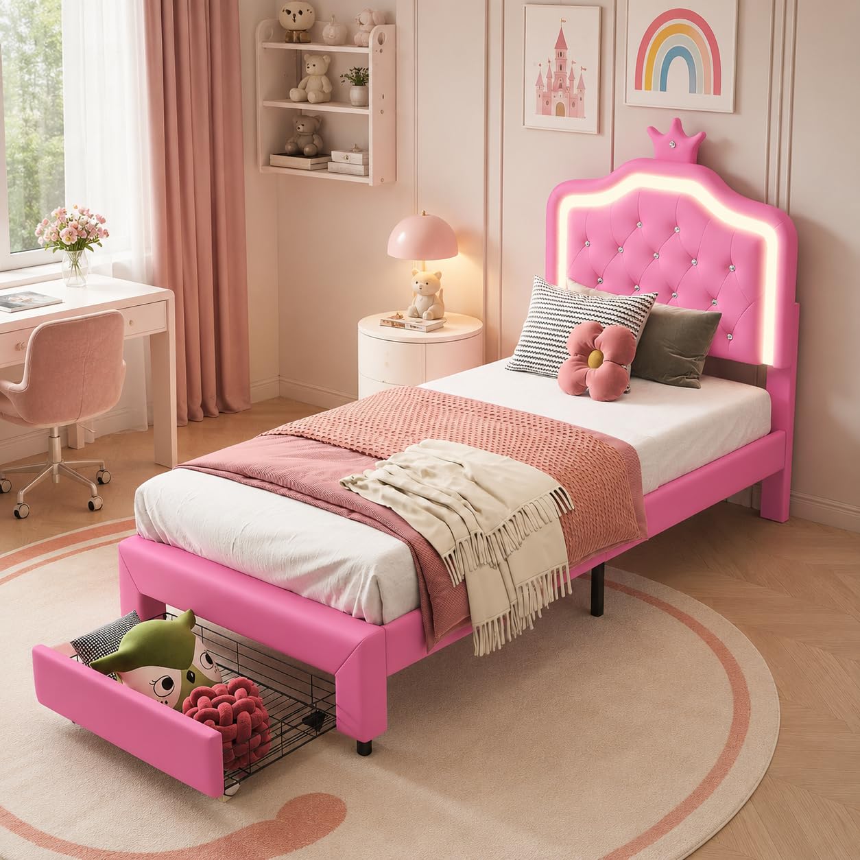 Cama para Niña 90x200 con LED RGB, Regulable en Altura, Cama Individual con contenedor, Cama Infantil, en Forma de Corona, Somier de Láminas de Madera, PU, Sin colchón (Rose-C, 90x200 cm)
