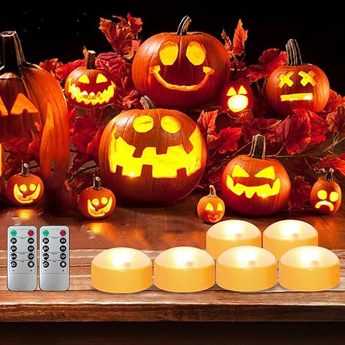 Miniatura 10 de Magiq Paquete de 6 luces LED de calabaza de Halloween con control remoto y temporizador, color blanco, parpadeante, funciona con pilas, velas
