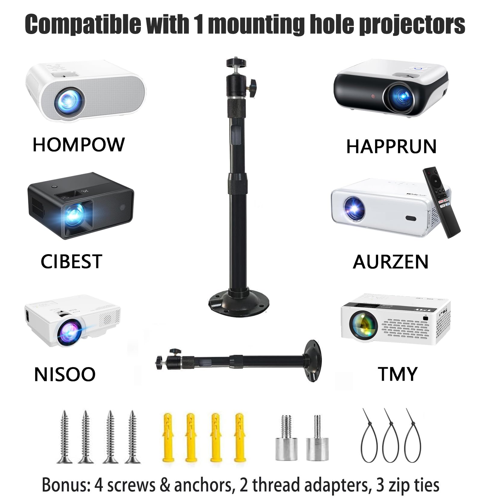 2-Be-Best Supporto per proiettore girevole a 360°, lunghezza da 41 a 65 cm, staffa regolabile per mini proiettori, nero