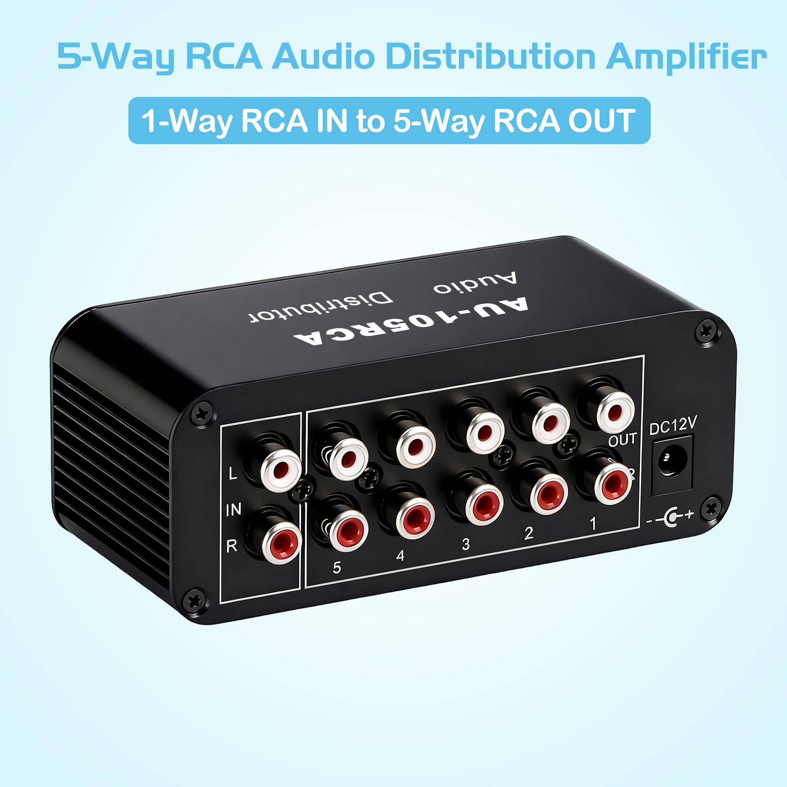 Splitter audio stereo RCA a 5 vie, 1 in 5 uscite, amplificatore di distribuzione audio, distributore di segnale RCA per altoparlanti, cuffie, amplificatori, con controllo del volume, guadagno