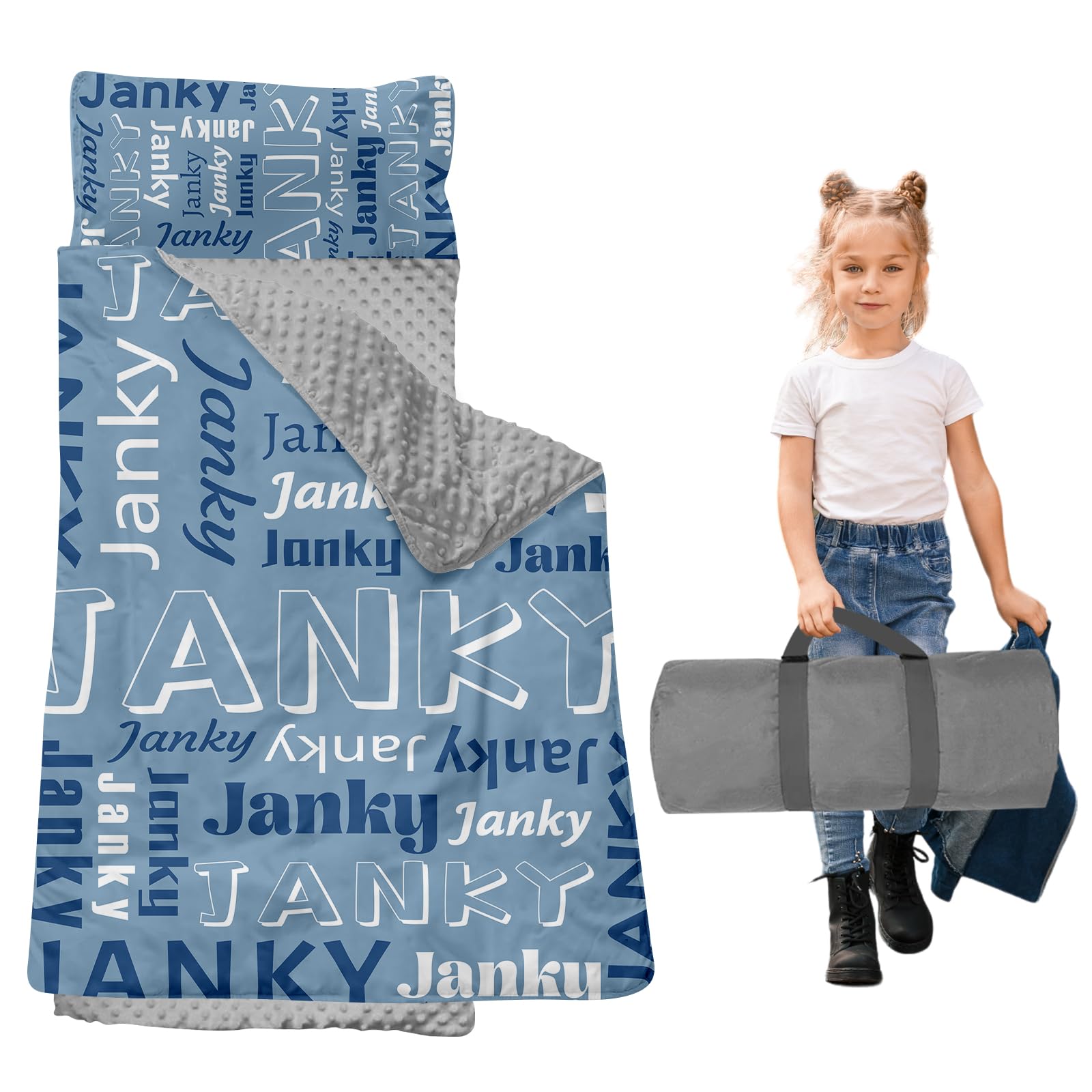 Dyoart, Personalized Toddler Nap Mat with Pillow and Blanket - Roll Up Nap Mat for Preschool, Daycare - Custom Names Soft Kids Sleeping Bags - Lightweight Sleeping Bag Light Blue